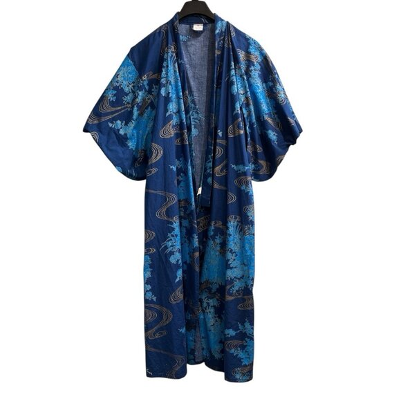 Kimono Made In Japan Unisex S Traditional Blue Asian‎ Floral Print Robe Lounge - Picture 1 of 6